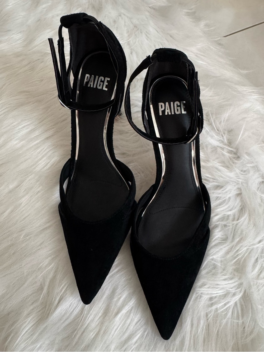 PAIGE Black Suede Pointed Ankle-Strap Heels 7.5